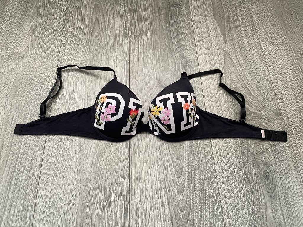 victoria’s secret pink zwarte bloemen t-shirt bh mt 70C, Victoria's Secret, Ophalen of Verzenden, Zwart, BH