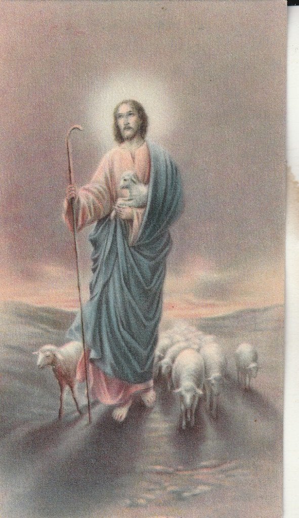 Vintage prent Jezus de Goede Herder met lammeren, Ophalen of Verzenden, Gebruikt, Kaart of Prent, Christendom | Katholiek