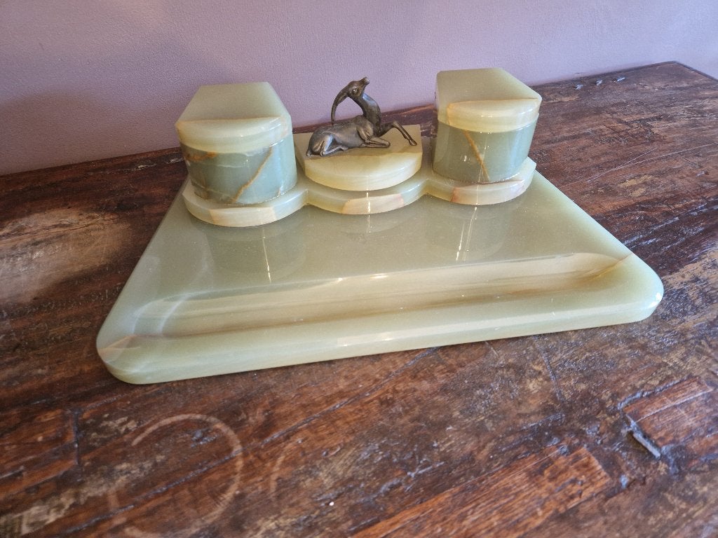 Art Deco Inktstel van groene Onyx & Brons, Antiek en Kunst, Ophalen of Verzenden