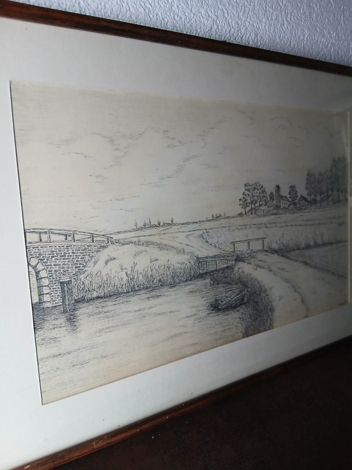 tekening  van dorpje  gemaakt vollema 1977 afm.51.5x34.5cm., Ophalen of Verzenden