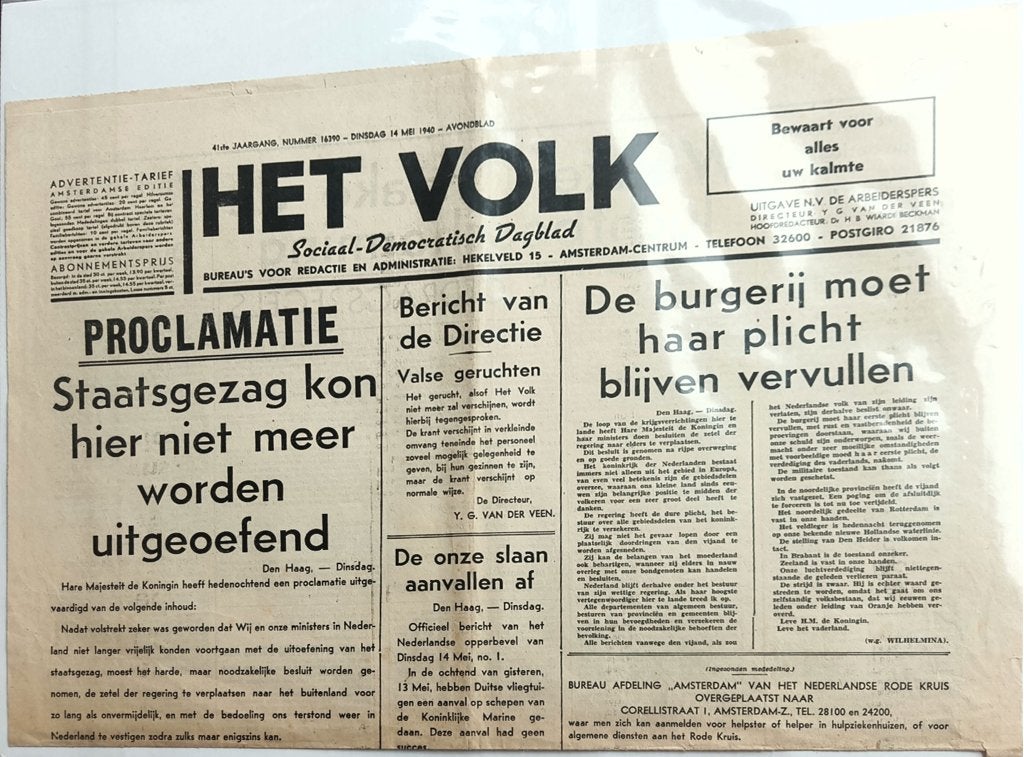 Het Volk 14 mei 1940 proclamatie WWII nederland, Ophalen of Verzenden