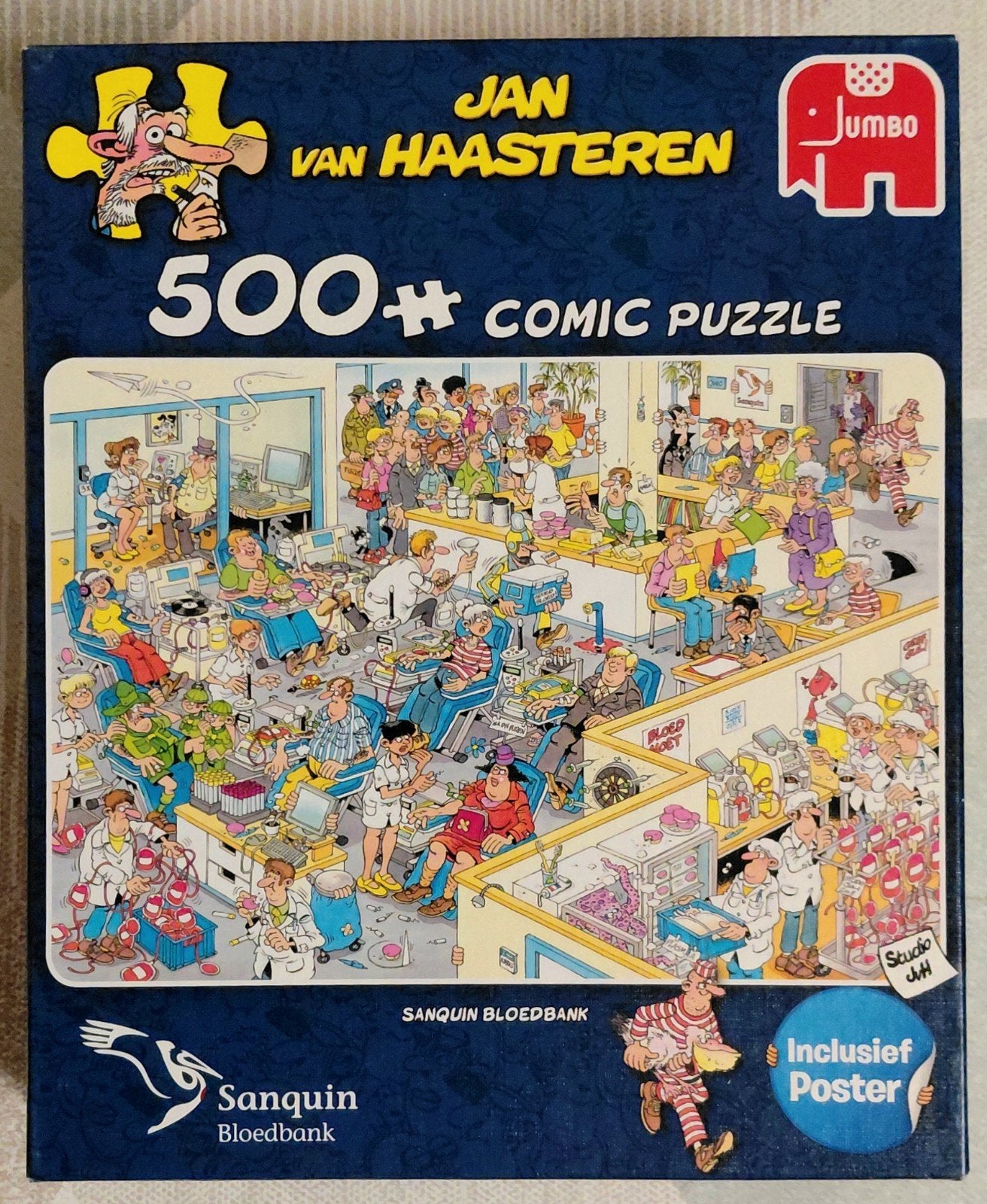 Jan van Haasteren puzzel Sanquin bloedbank 500 compleet, Ophalen of Verzenden, 500 t/m 1500 stukjes, Zo goed als nieuw, Legpuzzel
