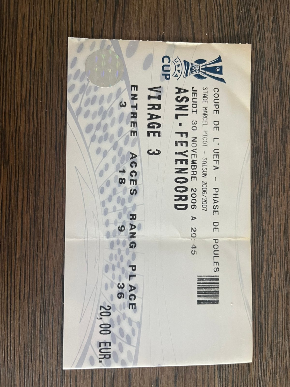 TICKET NANTES-FEYENOORD 06-07 UEFA CUP, Ophalen of Verzenden, Zo goed als nieuw, Feyenoord, Overige typen