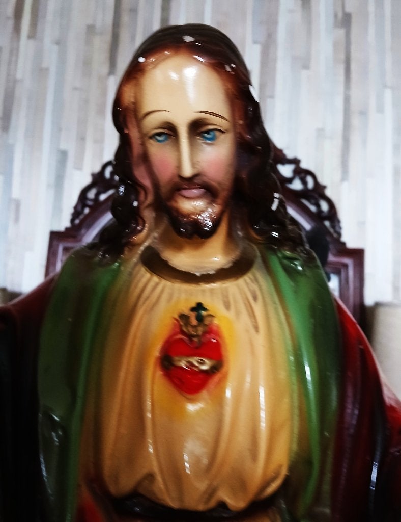 Groot antiek heilig hart beeld Jezus uit kerk hoogte 66 cm, Ophalen