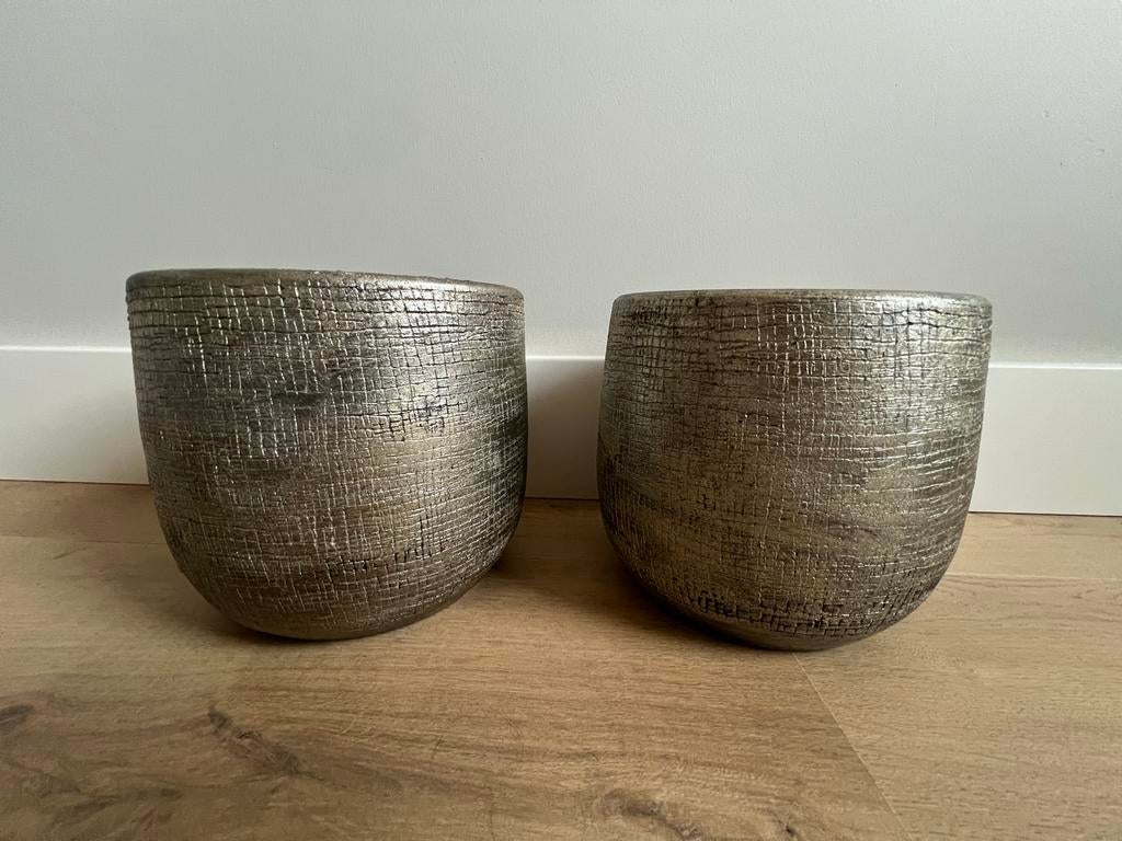Intratuin 2 bloempotten Mira goud, Steen, Minder dan 30 cm, Minder dan 60 cm, Rond