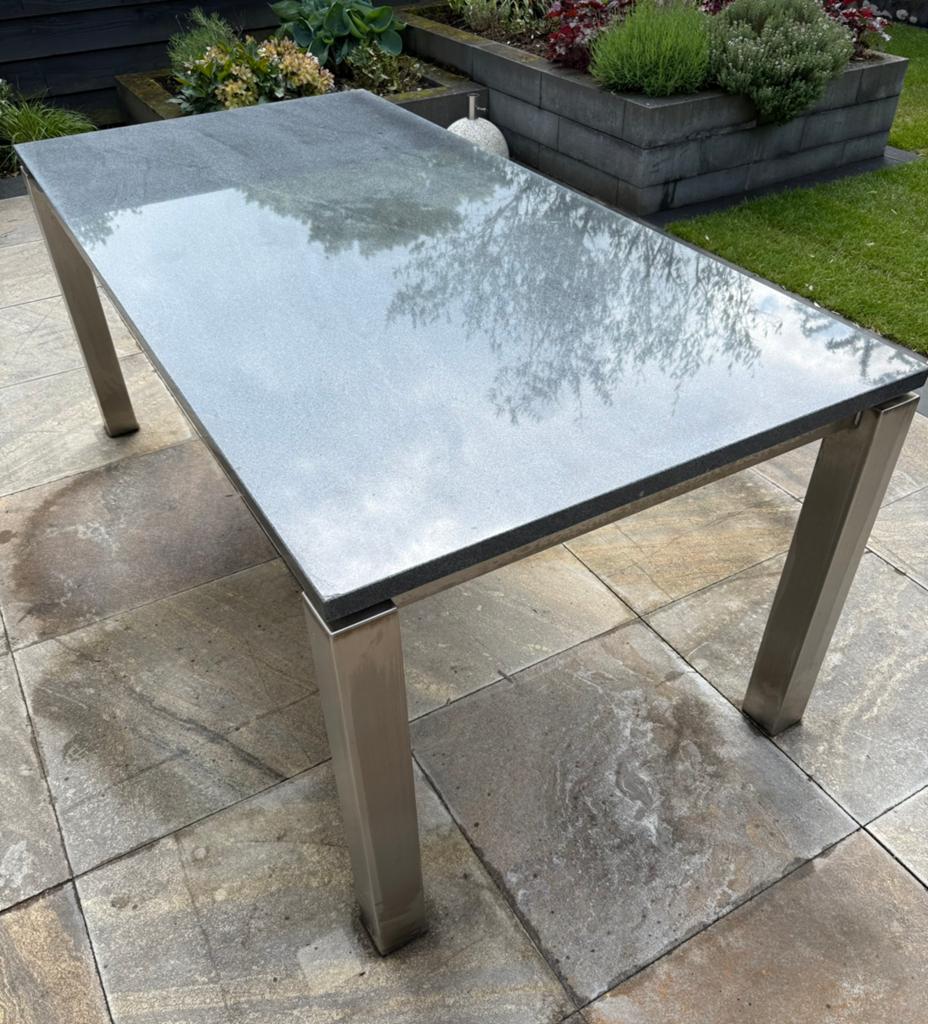 Tuintafel - rvs - graniet, Ophalen, Zo goed als nieuw, Rechthoekig, Rvs