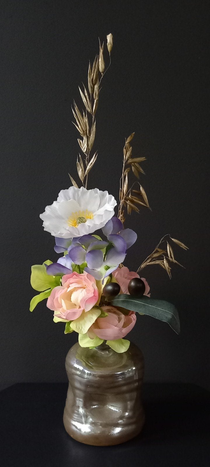 Kunst- en Droogbloemen gebonden boeket met bruine vaas H36cm, Ophalen of Verzenden, Nieuw