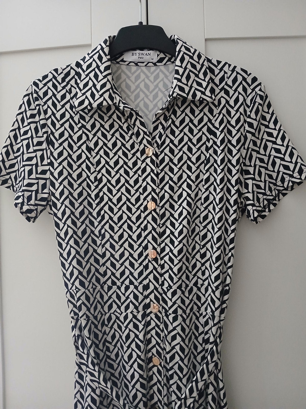 Zwart-wit geometrische print maxi jurk met ceintuur, Maat 38/40 (M), Zwart, Ophalen of Verzenden, Zo goed als nieuw