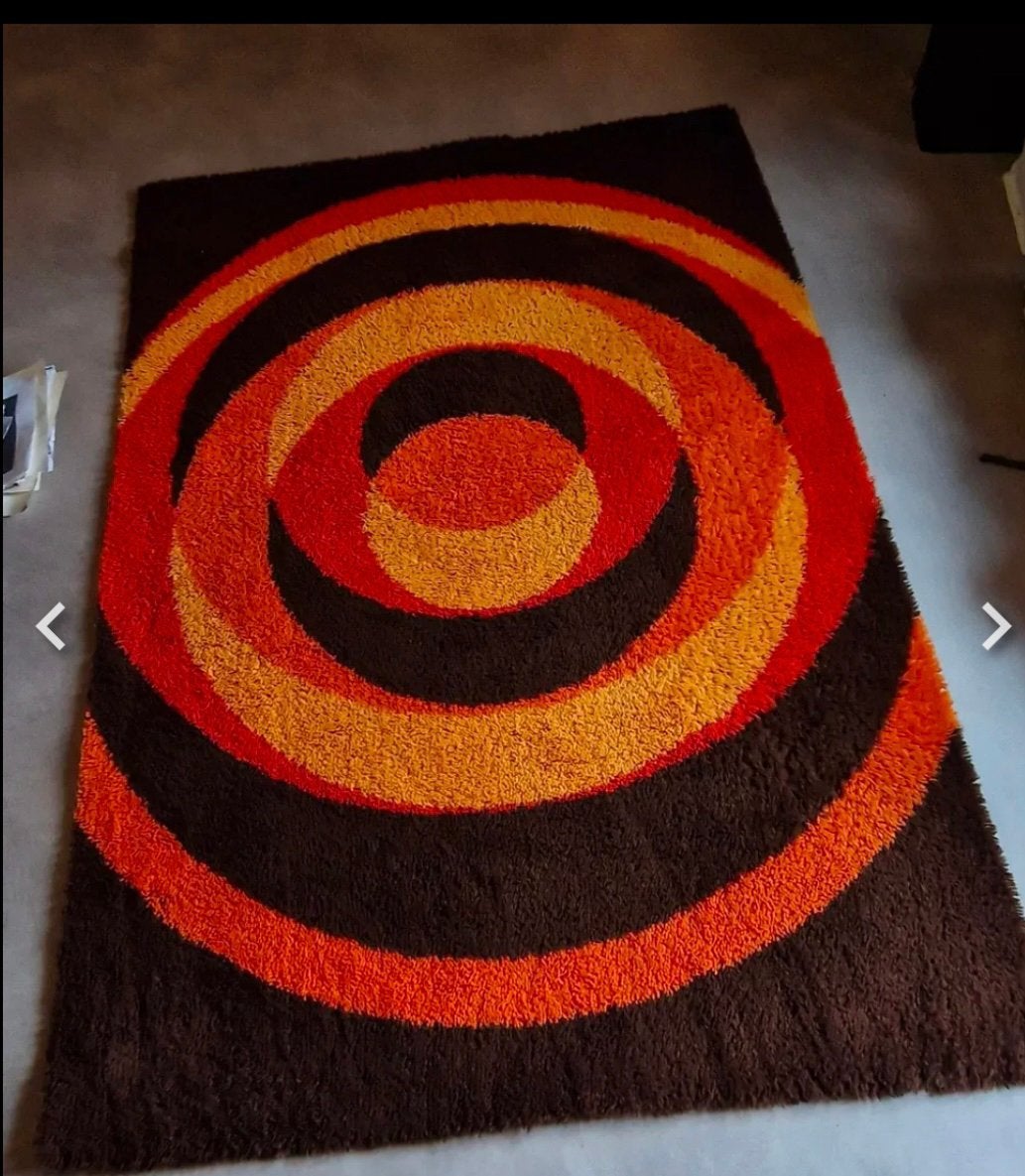 Vintage vloerkleed retro space age oranje bruin geel, Huis en Inrichting, Stoffering | Tapijten en Kleden, Bruin, 150 tot 200 cm