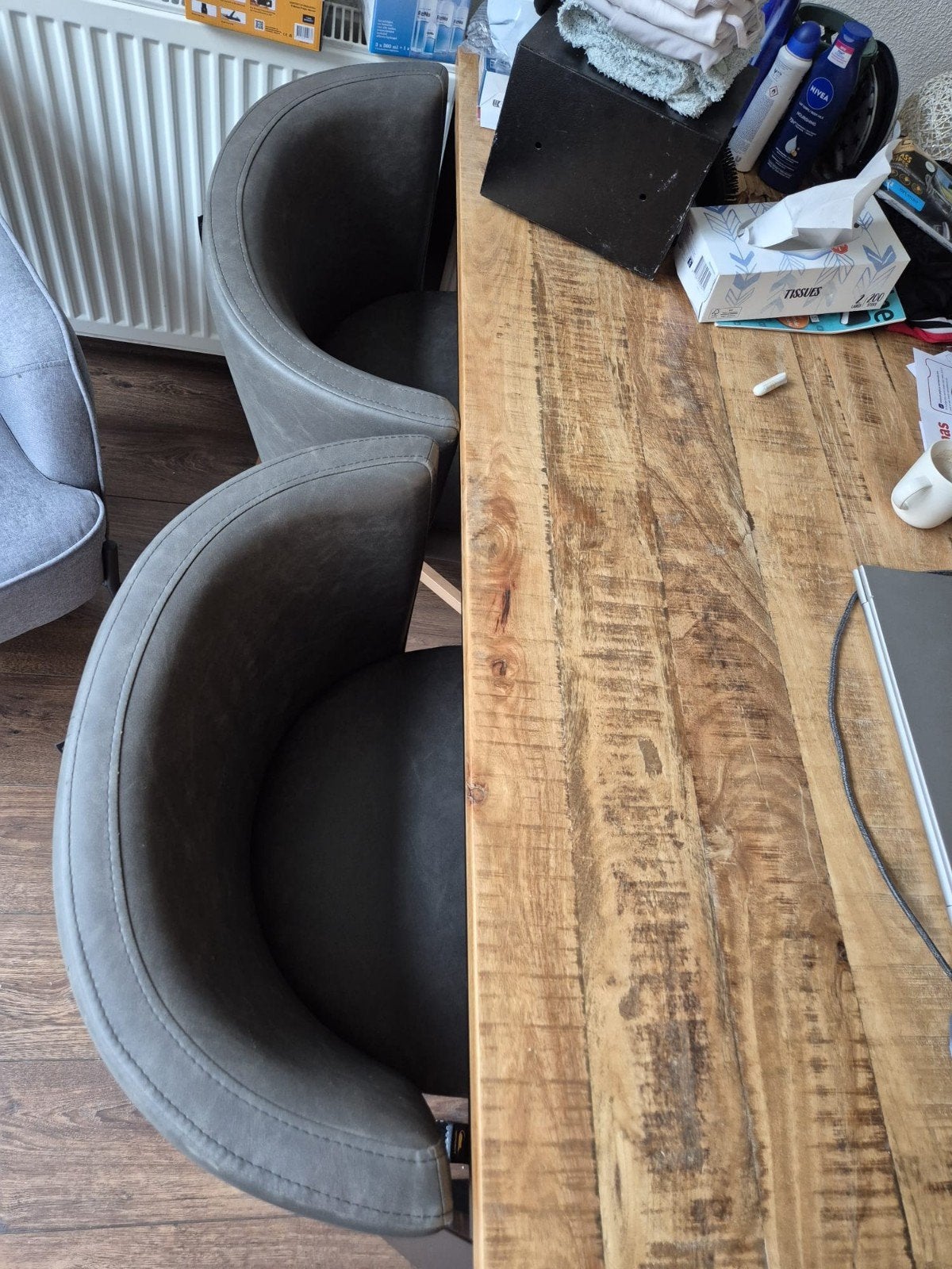 4 donkergrijze eetkamerstoelen, Ophalen, Gebruikt, Grijs, Vier
