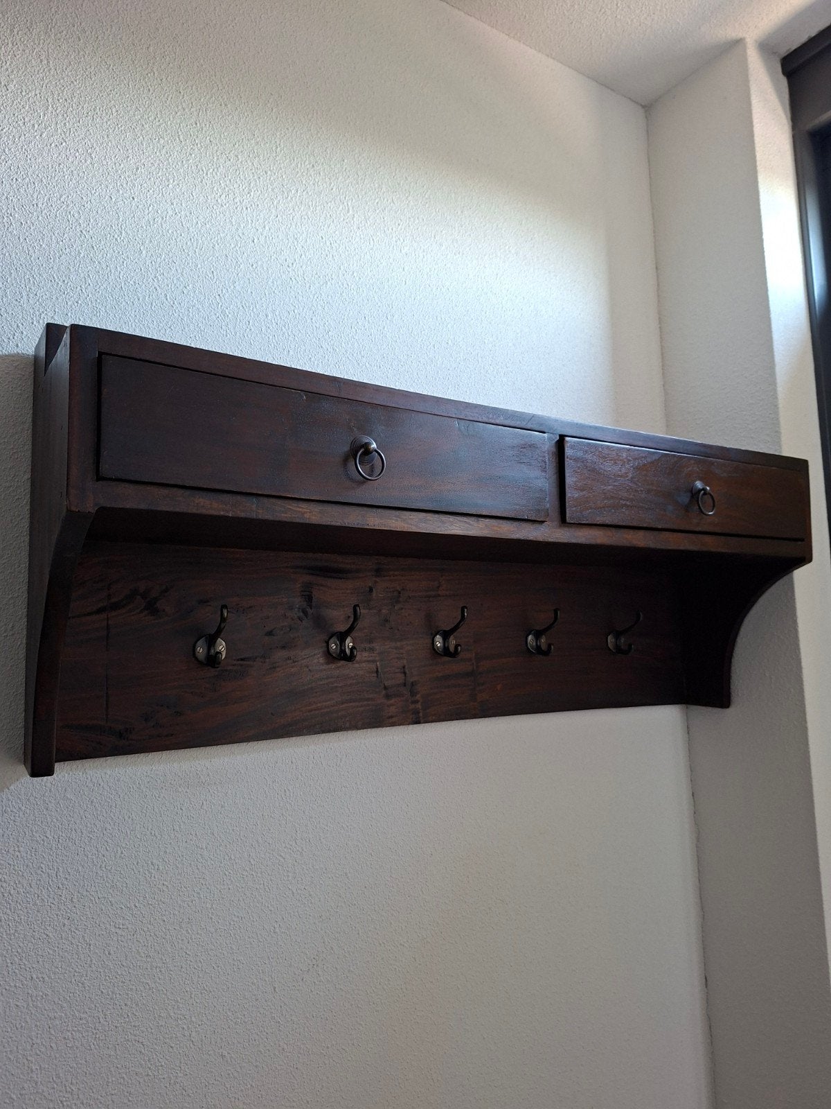Houten wandkapstok met lades en haken, Wandkapstok, Gebruikt, Ophalen of Verzenden, Minder dan 100 cm