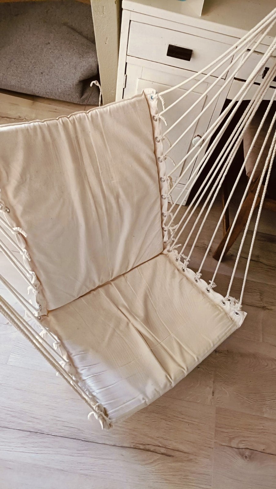 Comfortabele hangstoel van stof en hout, Ophalen, Hout, Boho, Relax, Scandinavisch, Gebruikt