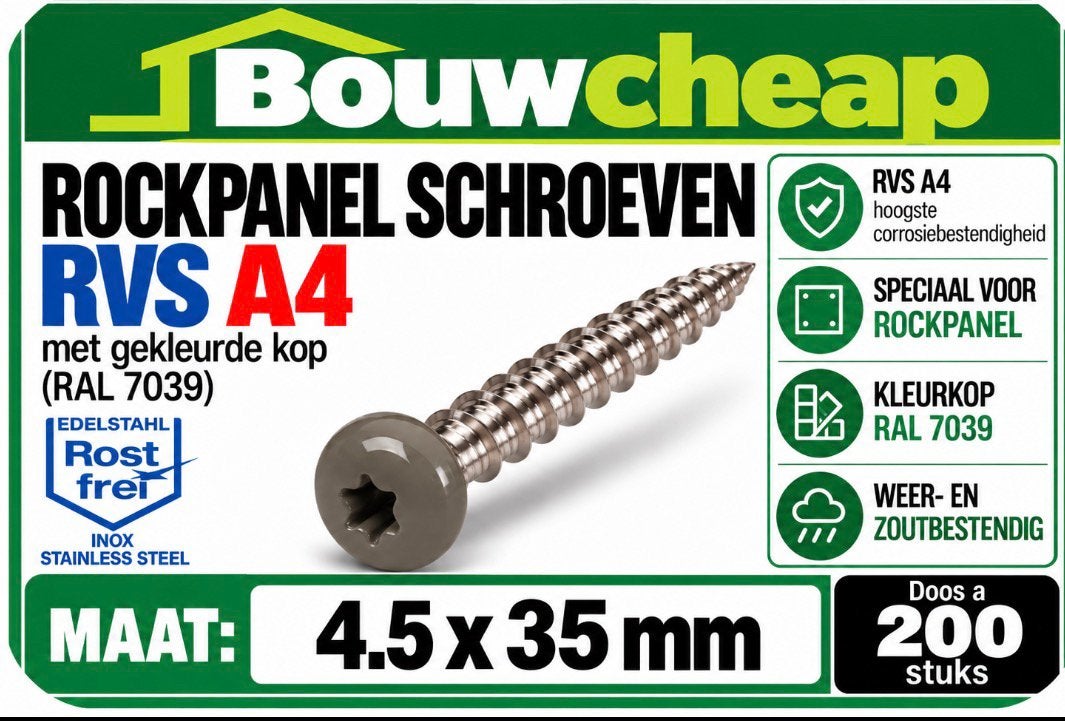 Rockpanel schroeven RVSA4 voorschrift alle kleuren., Doe-het-zelf en Verbouw, Ophalen of Verzenden, Nieuw, Schroeven, Rvs