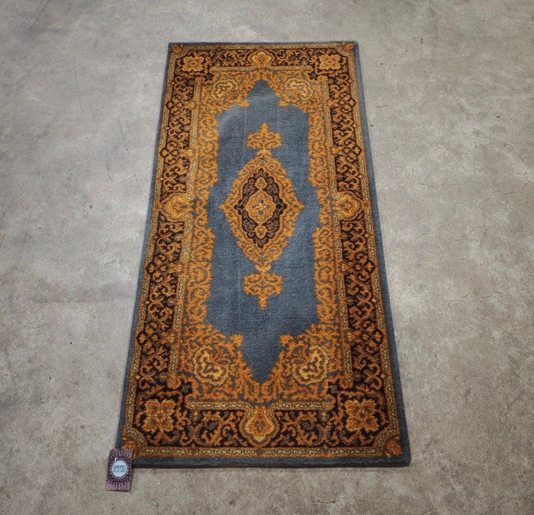 Vintage oosters wol Kirman vloerkleed blauw gold 67x137cm, 100 tot 150 cm, Klassiek, Oosters, Www.hypepopup.nl, Zo goed als nieuw