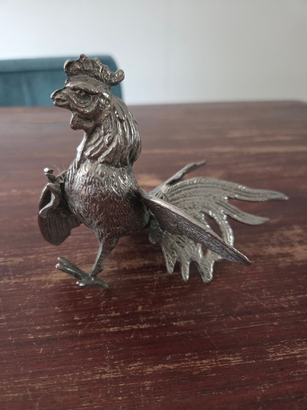 Verzilverde haan beeldje, gedetailleerd en elegant, Ophalen of Verzenden