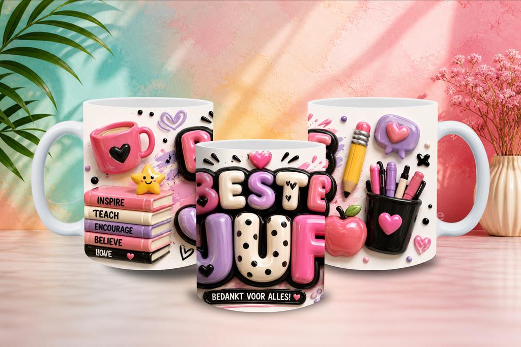 Mok 'Beste Juf' - Bedankt voor alles! Cadeau juf, Ophalen of Verzenden, Nieuw, Meerkleurig, Modern