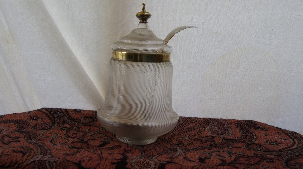 Glazen dekselpot met lepel / Vaas met zilveren voet, Antiek en Kunst, Ophalen of Verzenden