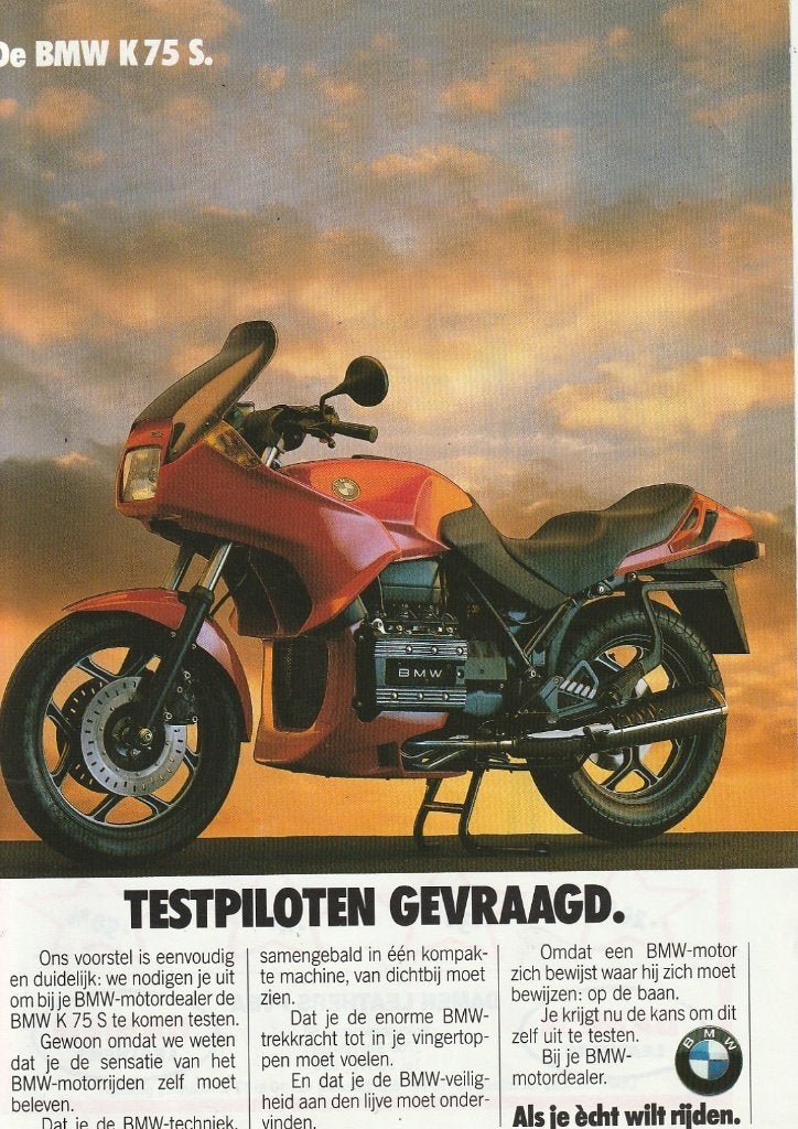 retro reclame 1989 BMW motor K75s testpiloten, Verzamelen, Verzenden, Overige typen