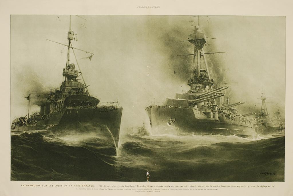 Squadron torpedoboot en slagschip - Antieke illustratie, Verzenden, Voor 1940, Zo goed als nieuw, Overige onderwerpen