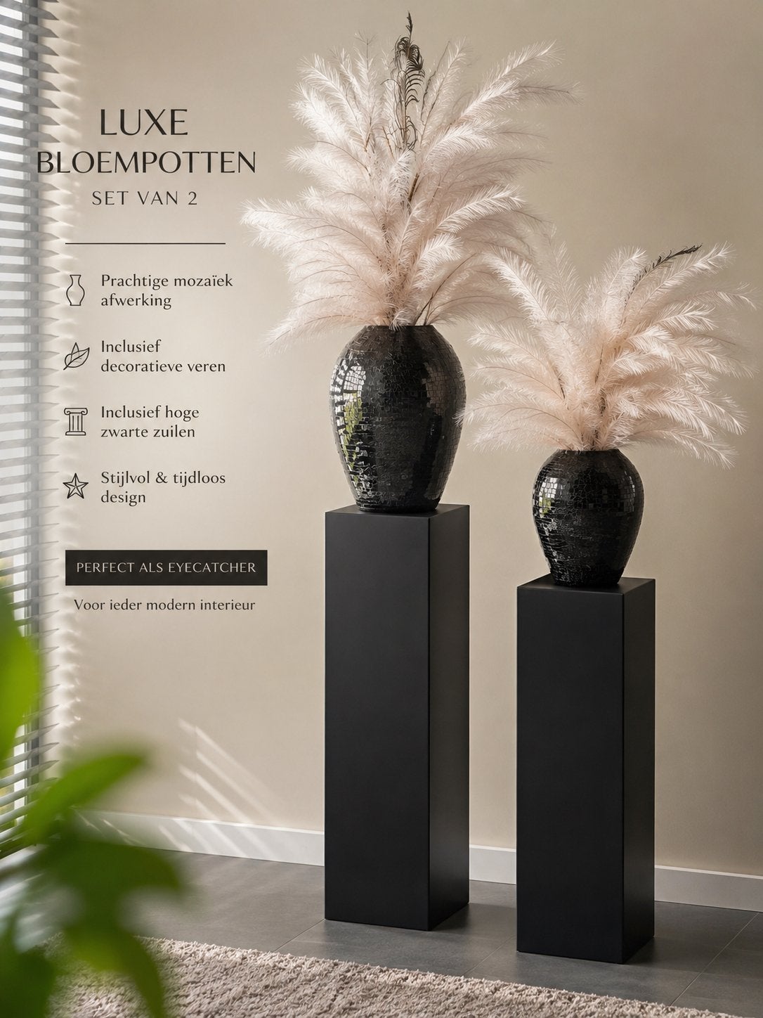 Luxe Set Zwarte Mozaïek Bloempotten / Vazen (2 stuks), Ophalen of Verzenden, Zo goed als nieuw