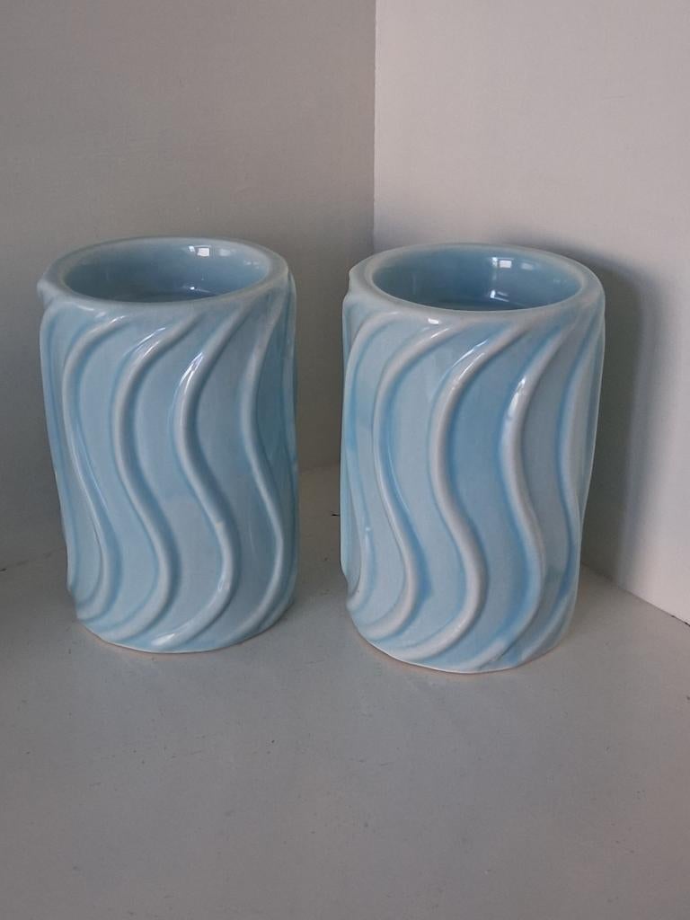 Turquoise Ribbed Swirl Kandelaars - Set van 2 - Pasteltinten, Overige materialen, Ophalen of Verzenden, Zo goed als nieuw, Groen