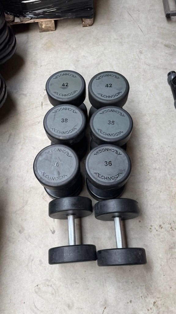 Technogym Rubberen Pu Dumbells 2x32kg,2x36kg,2x38kg,2x42kg, Ophalen, Gebruikt, Dumbbell