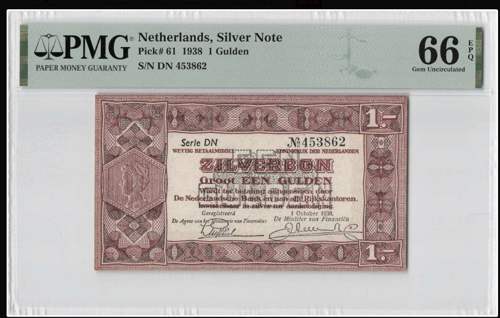Zilverbon 1 Gulden 1938 PMG 66 EPQ, Verzenden, 1 gulden