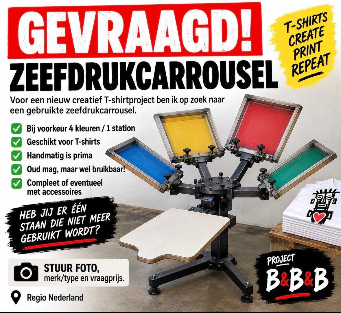 GEVRAAGD: Gebruikte Zeefdrukcarrousel (4 kleuren/1 station), Gebruikt, De kuil 98 /11 enkhuizen, Overige thema's, Vintexworld