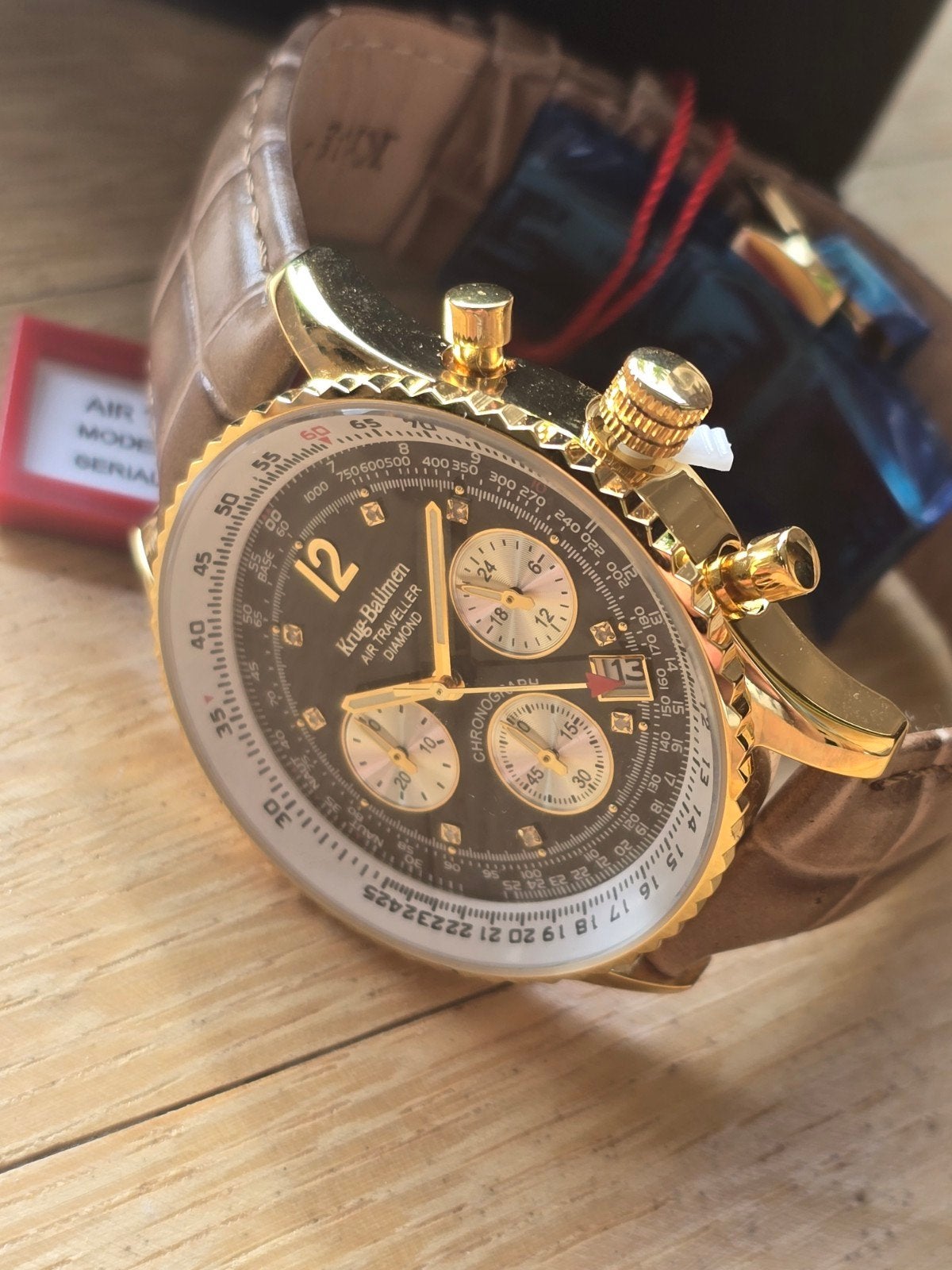 Krug Baumen Airtraveller Chronograaf NIEUW, Overige merken, Leer, Polshorloge, Nieuw