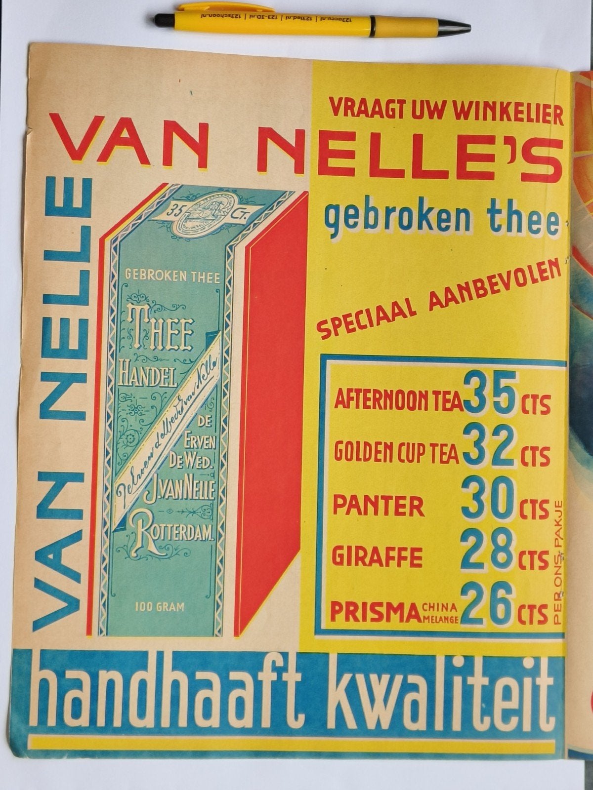 1935, RECLAME VAN NELLE THEE, ONTWERP JAC. JONGERT., Ophalen of Verzenden, Gebruikt, Reclamebord