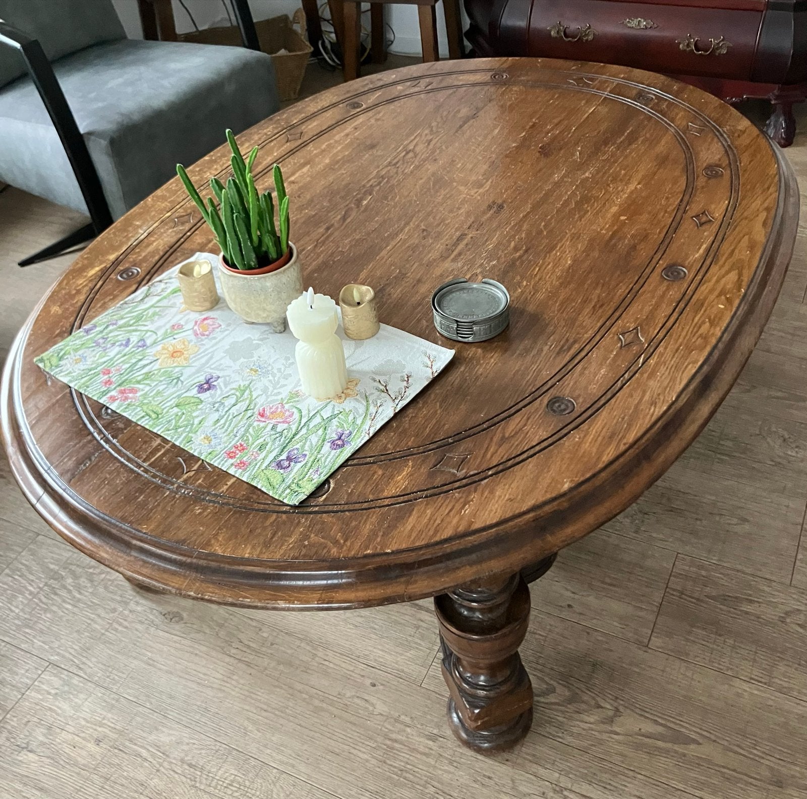 Antieke eiken ovale salontafel met gedraaide poten, Antiek en Kunst, Ophalen