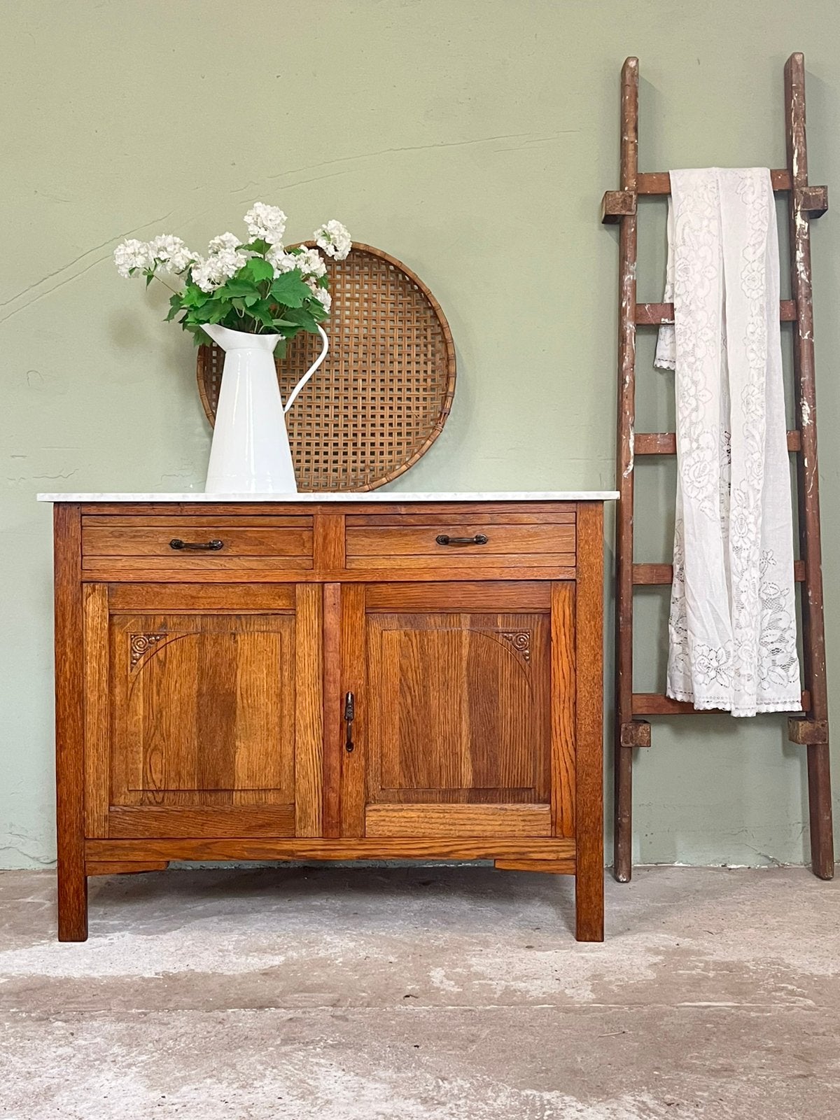 Vintage wasmeubel brocante dressoir art deco commode marmer, Ophalen, Eikenhout, Nvt, 25 tot 50 cm