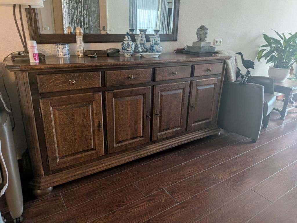 Dressoir kast met spiegel, Huis en Inrichting, Kasten | Dressoirs, Gebruikt, Eikenhout, Ophalen of Verzenden, 200 cm of meer