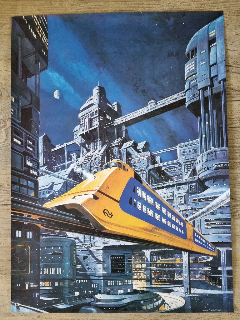 Trein van de Toekomst Poster - Don Lawrence 1989, Verzamelen, Ophalen of Verzenden, Zo goed als nieuw, Trein, Kaart of Prent