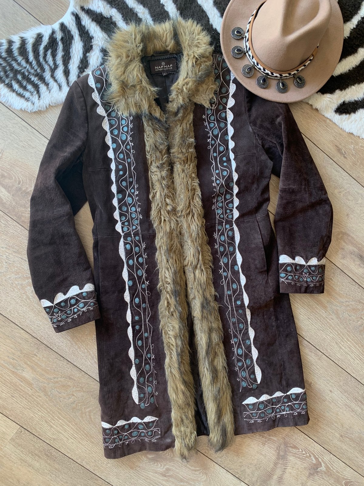 Naf Naf lammy coat S M embroidery afghan leren jas, Maat 38/40 (M), -, Ophalen of Verzenden, Zo goed als nieuw
