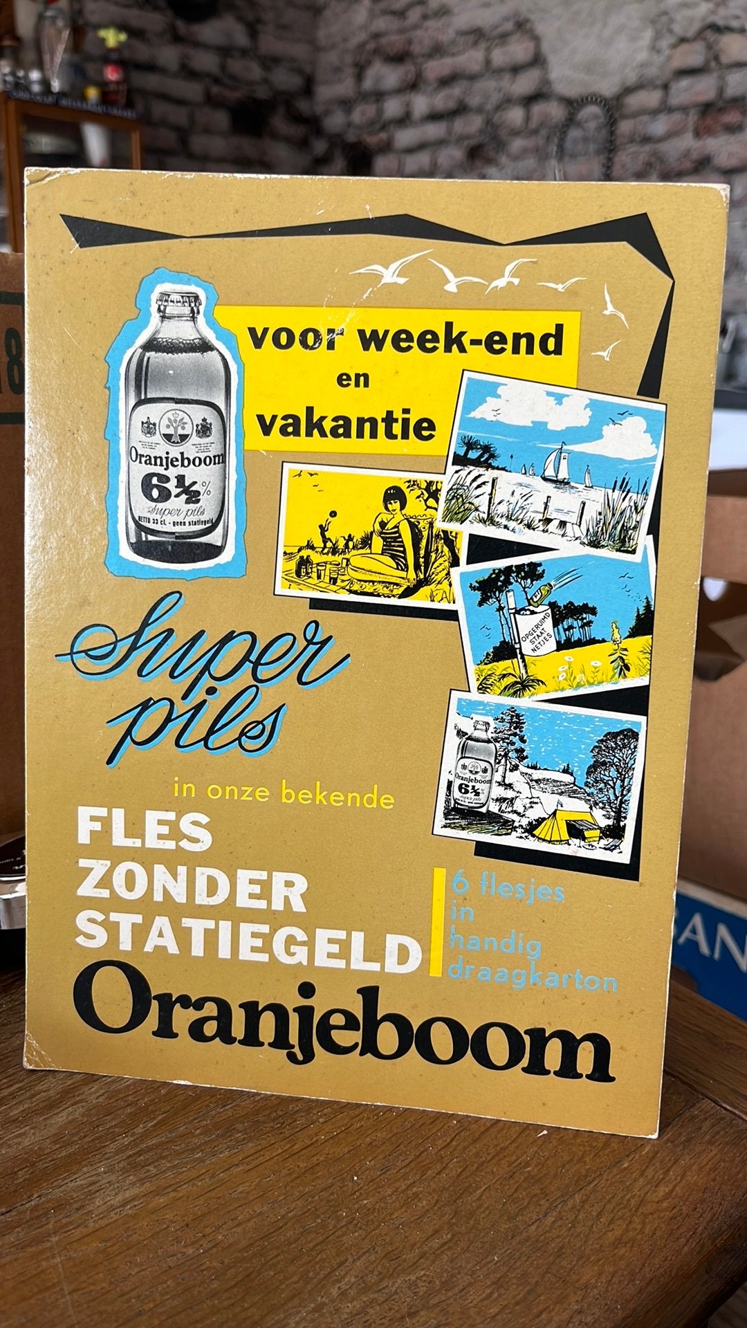 Kartonnen toonbank reclame “Super Pils van Oranjeboom”, Ophalen of Verzenden, Gebruikt, Reclamebord