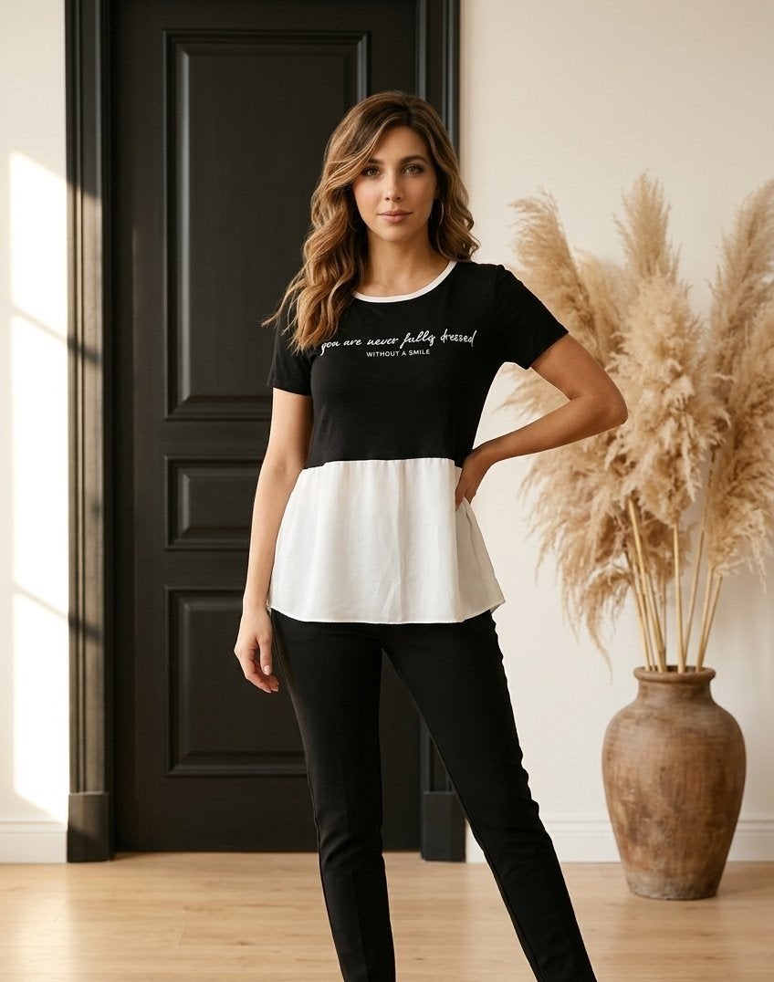 Bershka Zwart-Wit Top met Korte Mouwen en Rits, maat s, Zwart, Zo goed als nieuw, Korte mouw, Maat 36 (S)