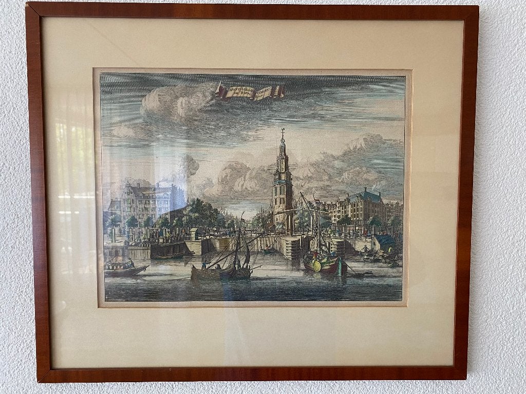 Montelbaanstoren en Waterkeer Amsterdam ingelijst, Ophalen of Verzenden, Zo goed als nieuw, Gebouw, Voor 1940