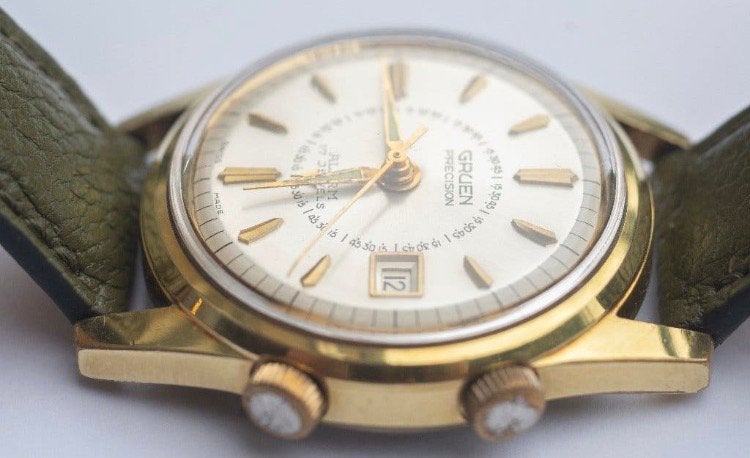Vintage Gruen Wrist Alarm vintage horloge, Overige merken, Leer, Staal, Polshorloge