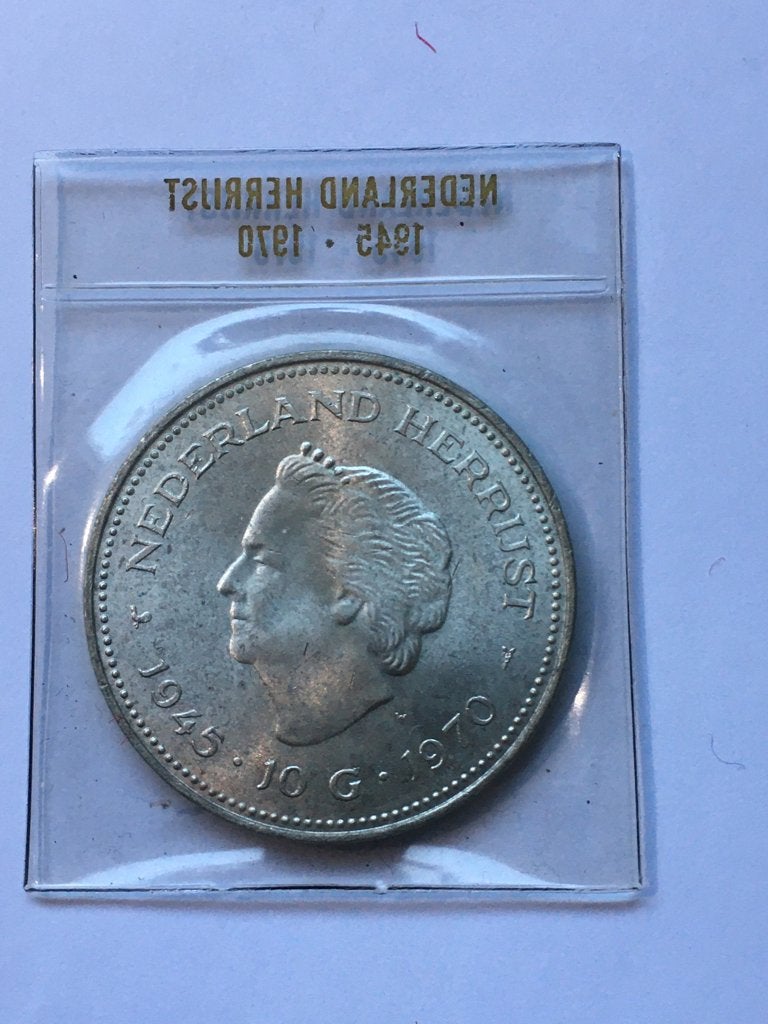 Zilveren 10 gulden munt. Nederland herrijst 1945-1970, Ophalen of Verzenden, Koningin Juliana, 10 gulden, Zilver