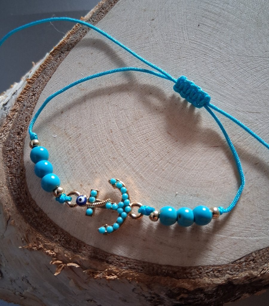 geluks armbandje anker-hoop nazar turquoise kraaltjes, Verzenden, Nieuw, Blauw, Overige materialen