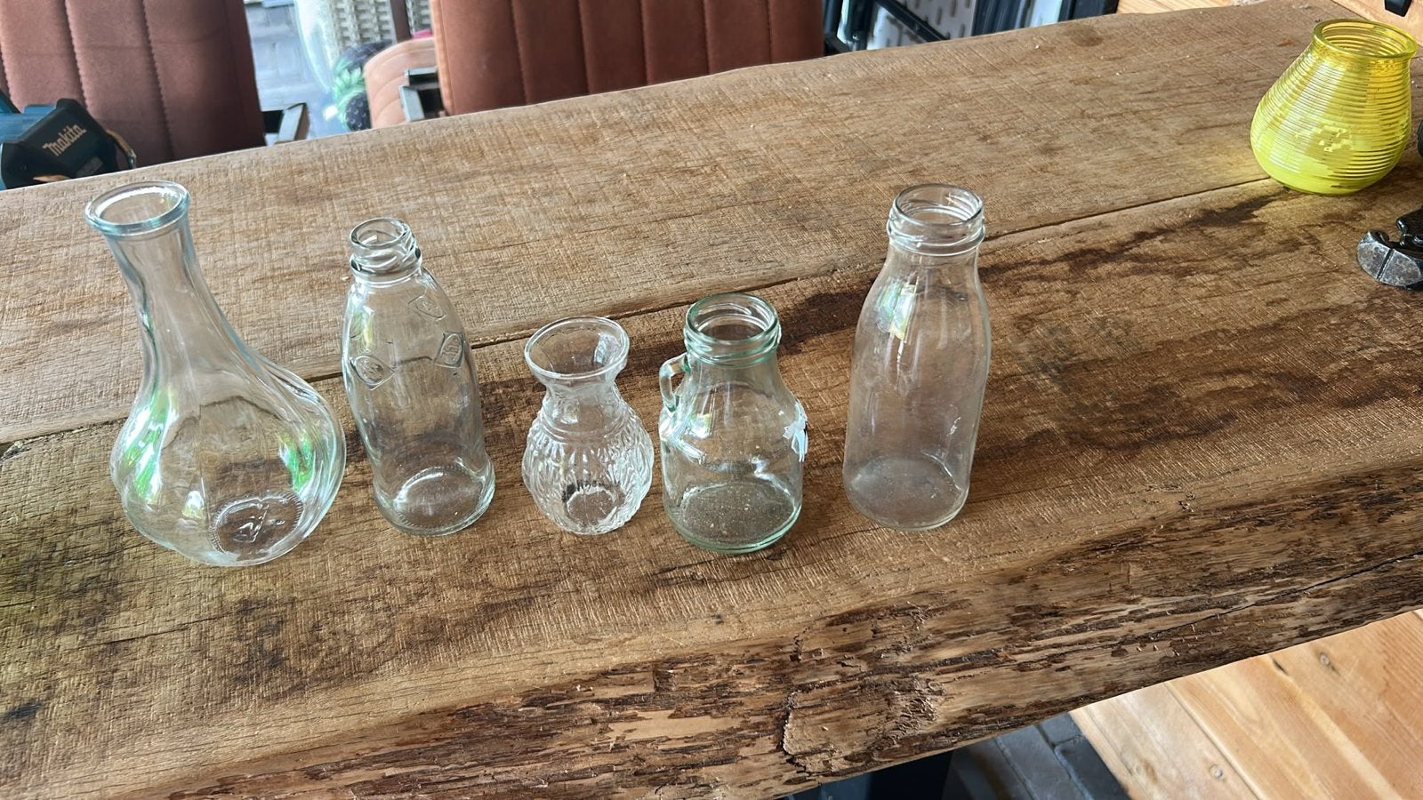 Decoratie bruiloft; glazen vaasjes en flesjes, Ophalen, Transparant, Glas
