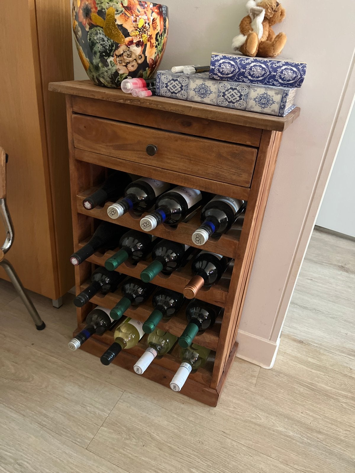 2x Houten Wijnkastje met Lade - 16 Flessen, Huis en Inrichting, Ophalen, Gebruikt, 15 tot 25 flessen, 75 – 100