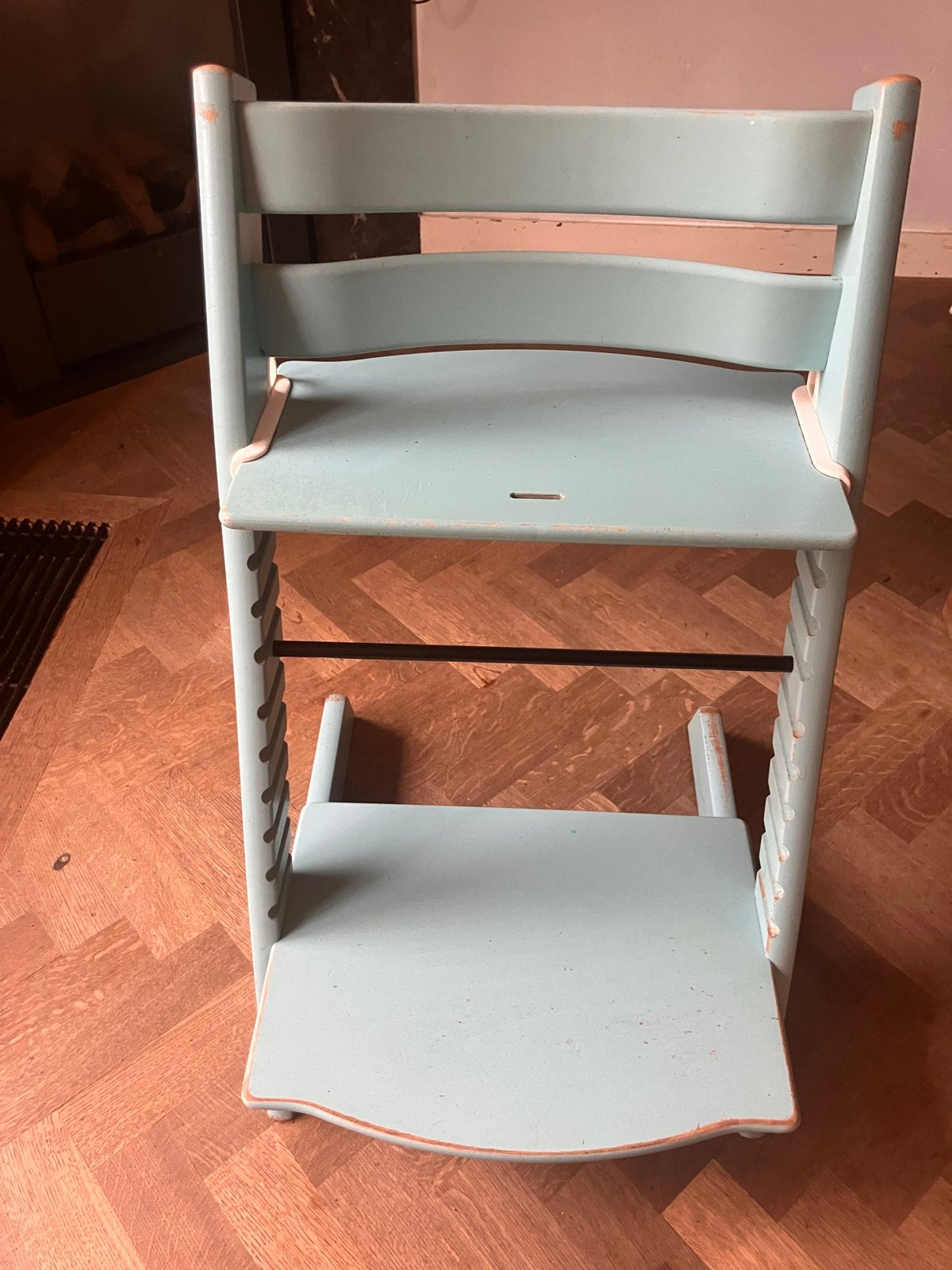 Stokke tripptrapp in lichtblauw, Ophalen, Gebruikt, Meegroeistoel