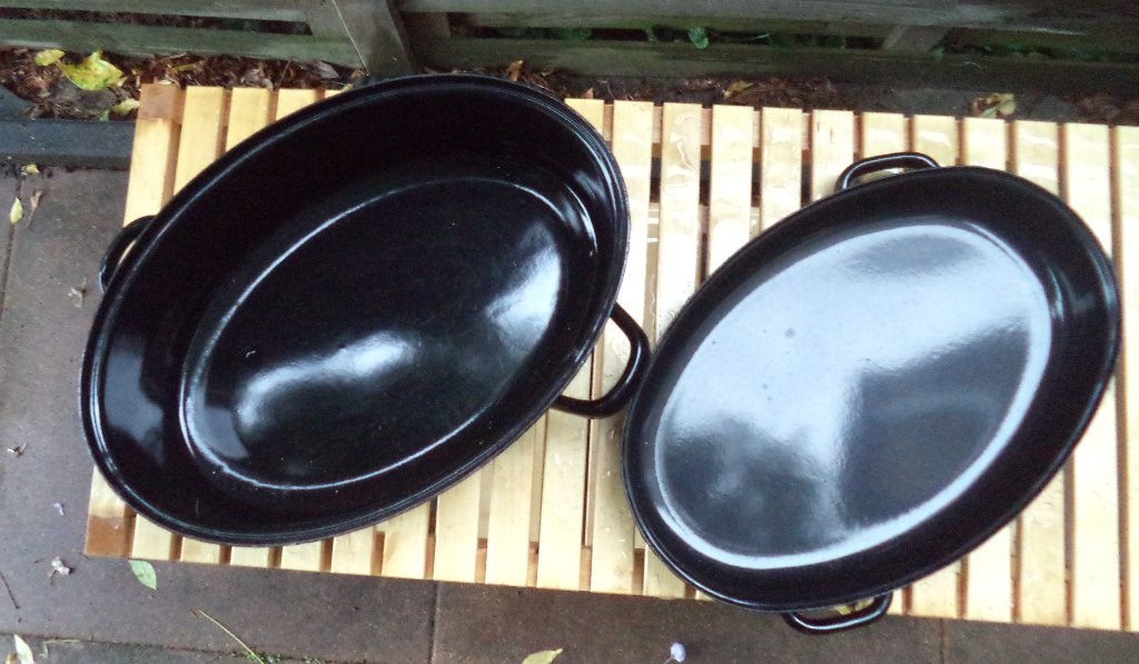Jaren 60 grote emaille braadpan deksel ook voor braden, Braadpan, Met deksel, Ophalen of Verzenden, Zo goed als nieuw