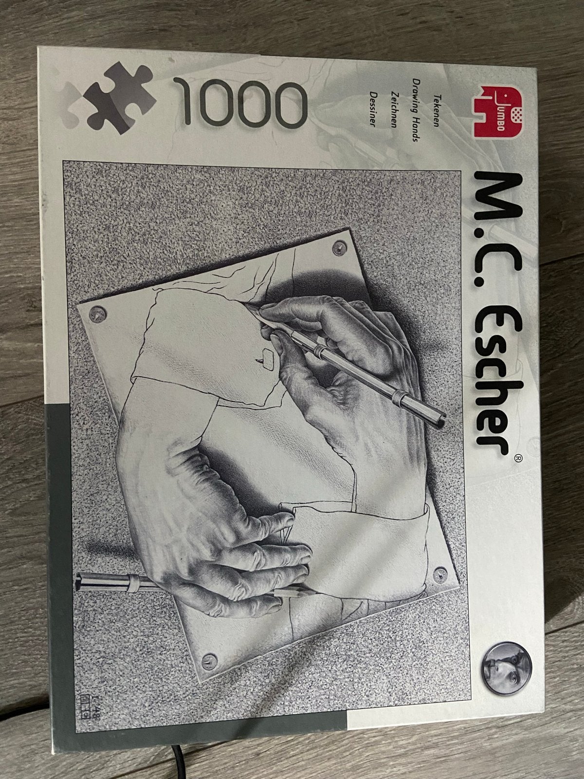 Jumbo M.C. Escher Tekenende Handen Puzzel 1000 stukjes, Ophalen of Verzenden, 500 t/m 1500 stukjes, Gebruikt, Legpuzzel