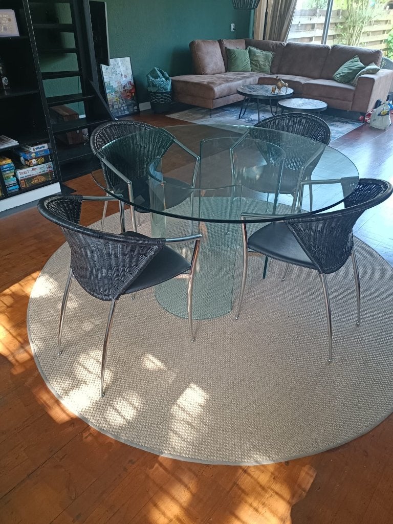 Glazen eettafel met losse plaat en onderstel, Huis en Inrichting, Tafels | Eettafels, Gebruikt, 100 tot 150 cm, 100 tot 150 cm