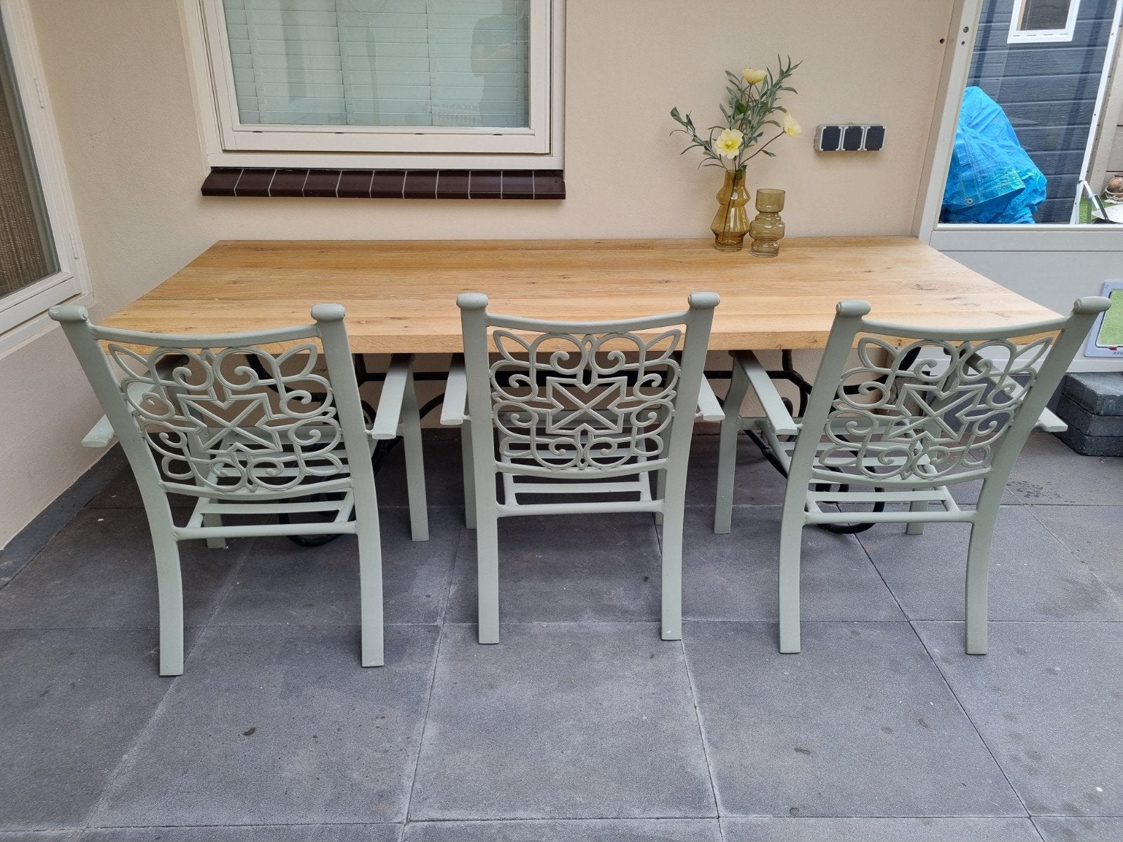 Robuuste tuinset: eettafel met 6 stoelen en kussens, Tuin en Terras, Tuinsets en Loungesets, Ophalen, Gebruikt, Eettafel