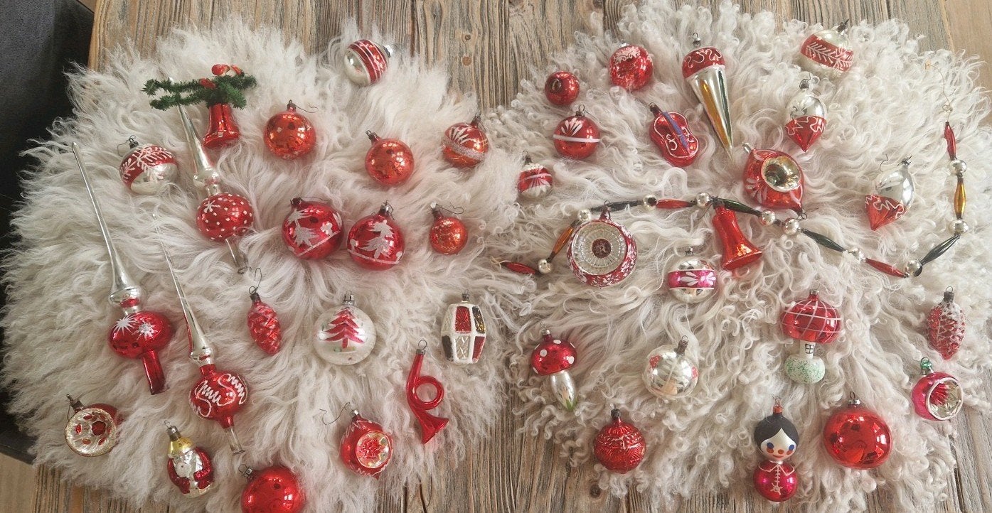 Lot rode,oude kerstballen~trompet~kerstman~paddenstoel~piek, Diversen, Kerst, Ophalen of Verzenden, Gebruikt