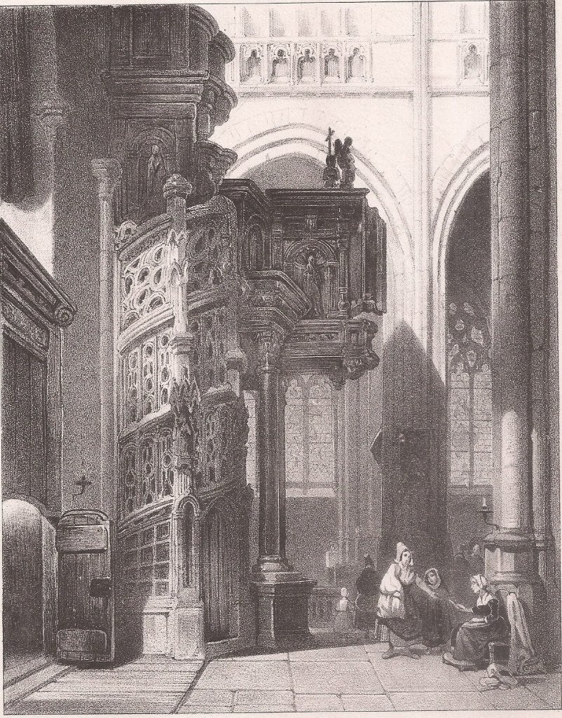 Bosboon, J. - Interieur van de kerk Saint-Maclou in Rouen, 1800 - 1899, Architectuur, 19 cm, Ophalen of Verzenden